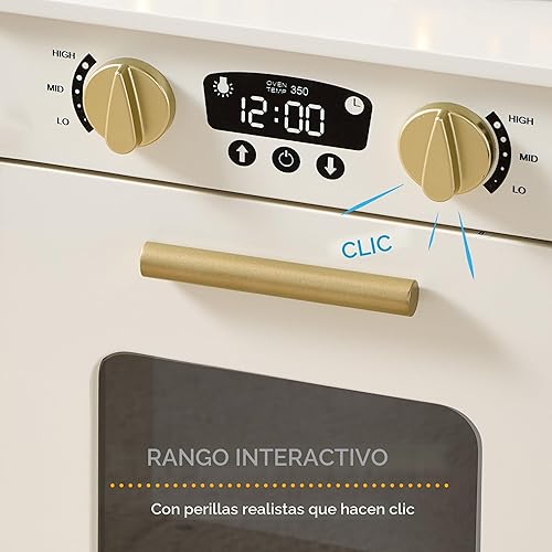 Miniatura 4 de Best Choice Products Juguete de madera para niños con almacenamiento, borde festoneado, 5 accesorios, microondas, horno, pomos de clic, color crema