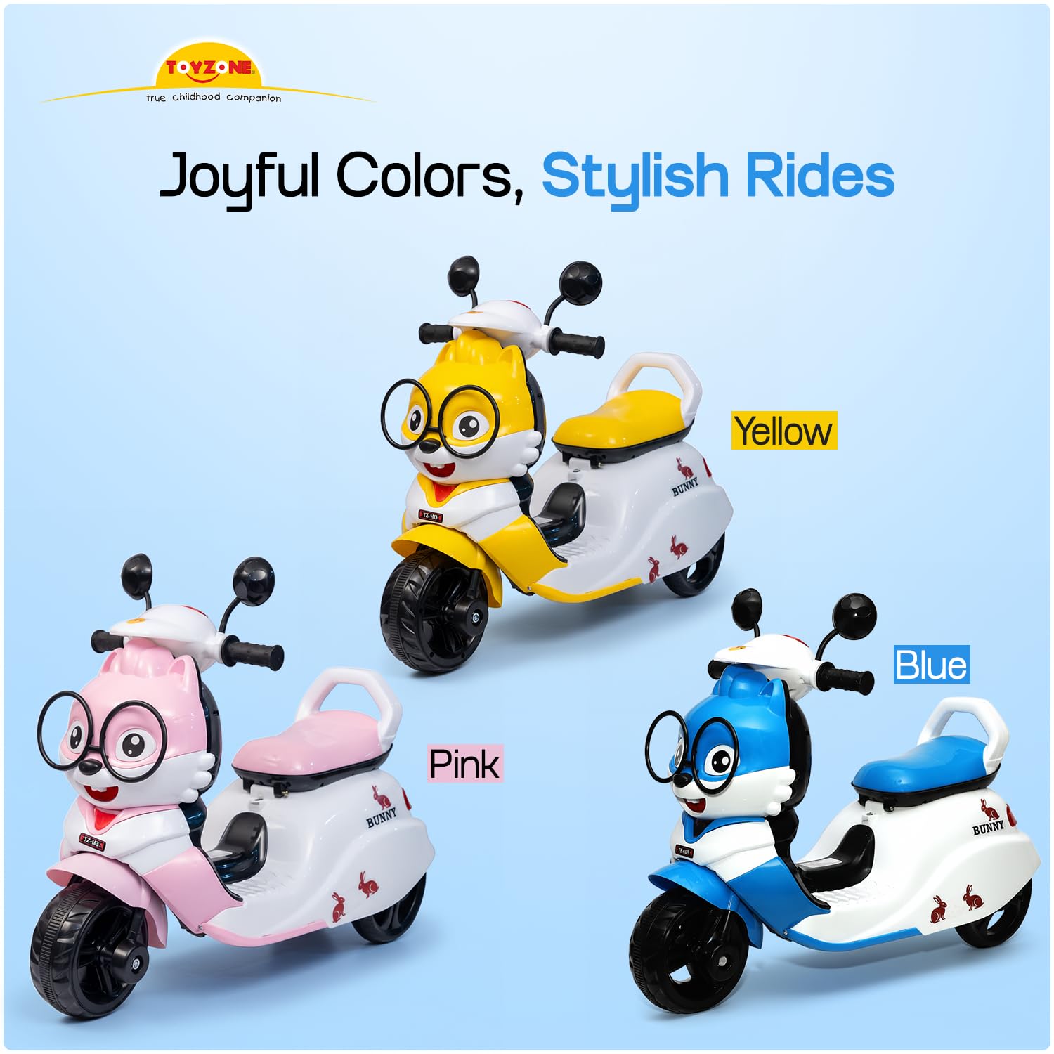 Toyzone Bunny Electric Scooter - Blue | Rechargeable Scooty 6V | Powered by 4.5 ah Battery | Music Player with Bluetoooth & USB | 6 Month Warranty on Battery | Make in India | for Kids 2+ Years 4