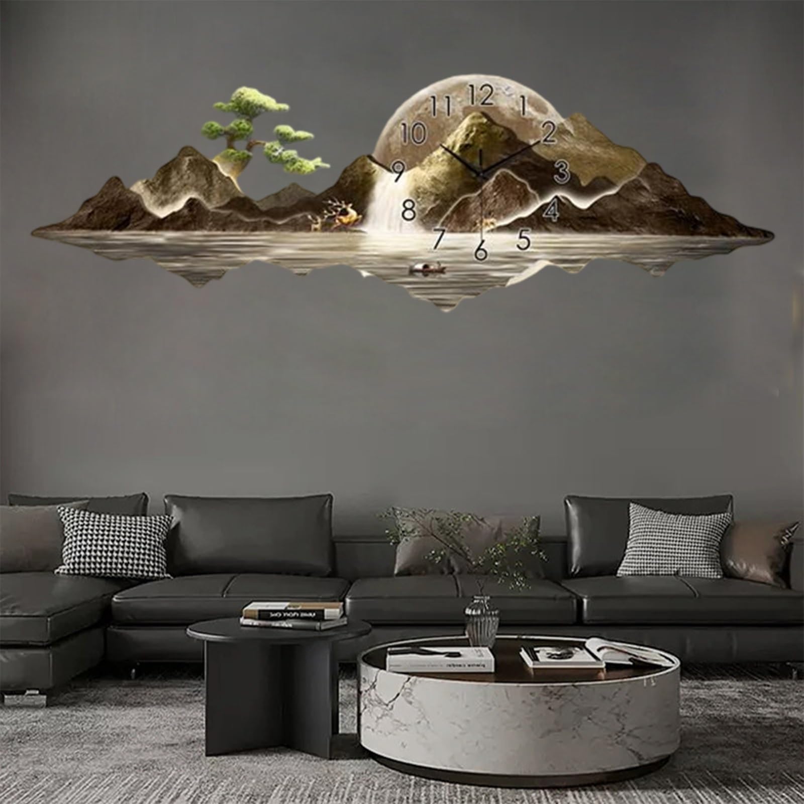 MESCXTY Landscape Painting 3D Wall Art Clock Stylish Modern Clocks Silent with Light,Large Creative Decorative Clock,for Office, Home, Bathroom, Bedroom, School(Gold 5,59 * 19.7in)
