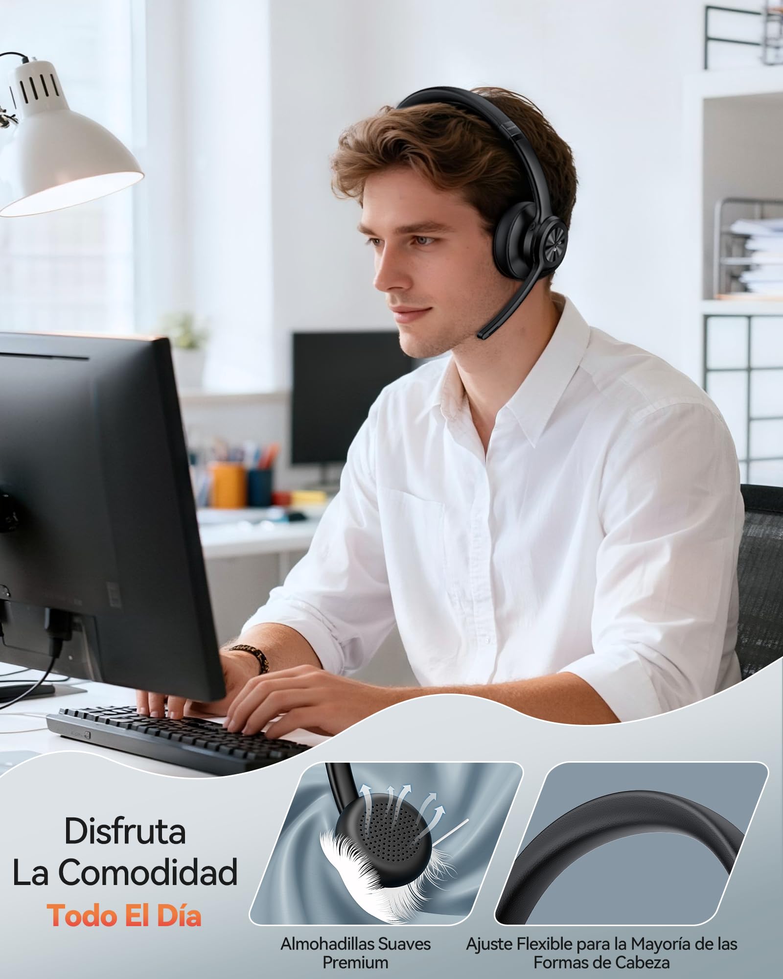 TechRise V5.2 Auriculares Inalámbricos Bluetooth Diadema con Micrófono USB Dongle, Cascos Cancelación de Ruido con Tecla de Silencio – 50 Horas de autonomía on Ear para callcenter y Oficina – Negro