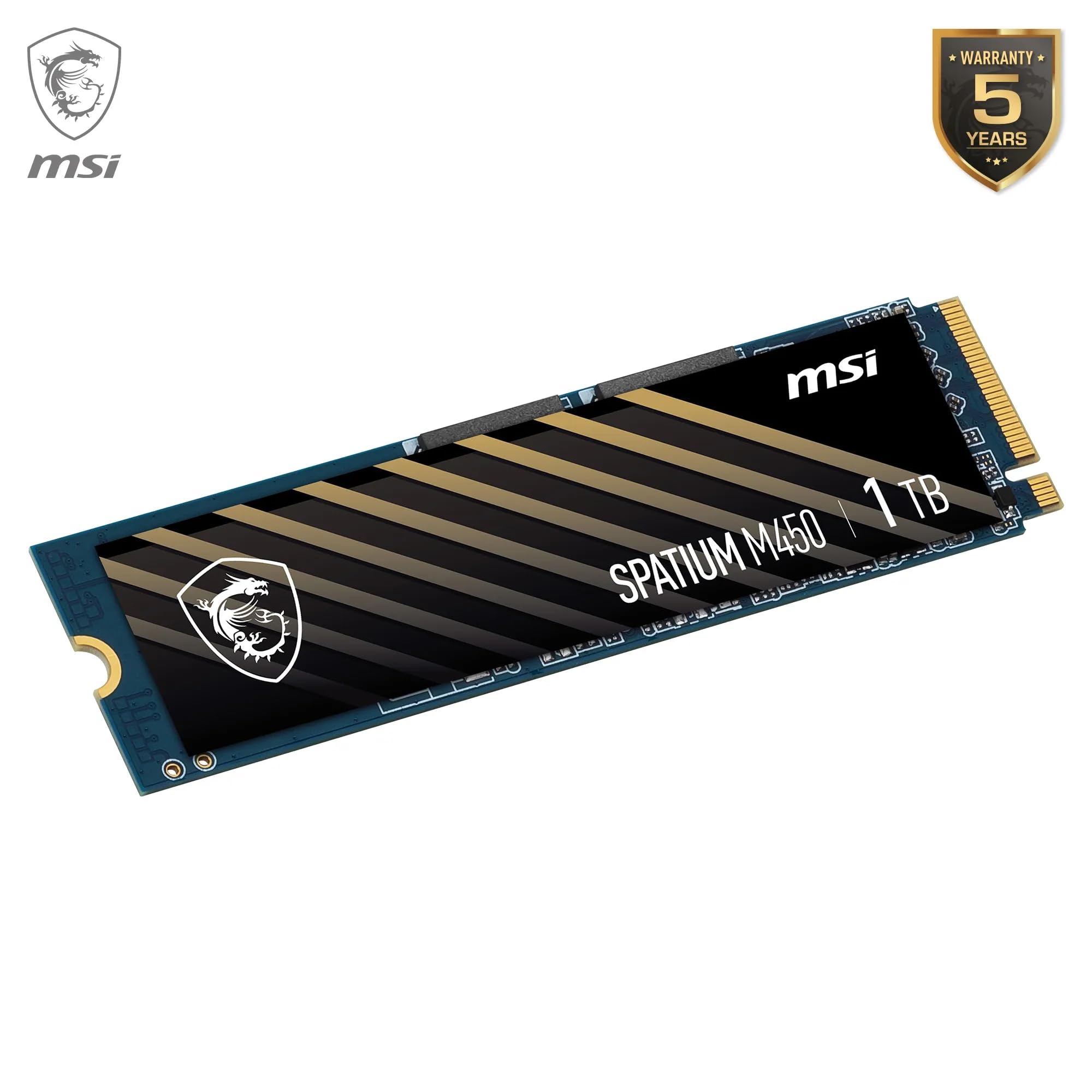 MSI SPATIUM M450 PCIe 4.0 NVMe M.2 1TB - Disque SSD Interne 1 to, PCIe 4.0 NVMe M.2, Lecture 3600 MB/s & Écriture 3000 MB/s, 3D NAND, Sécurité des Données Intégrée, 600 TBW, Garantie 5 Ans