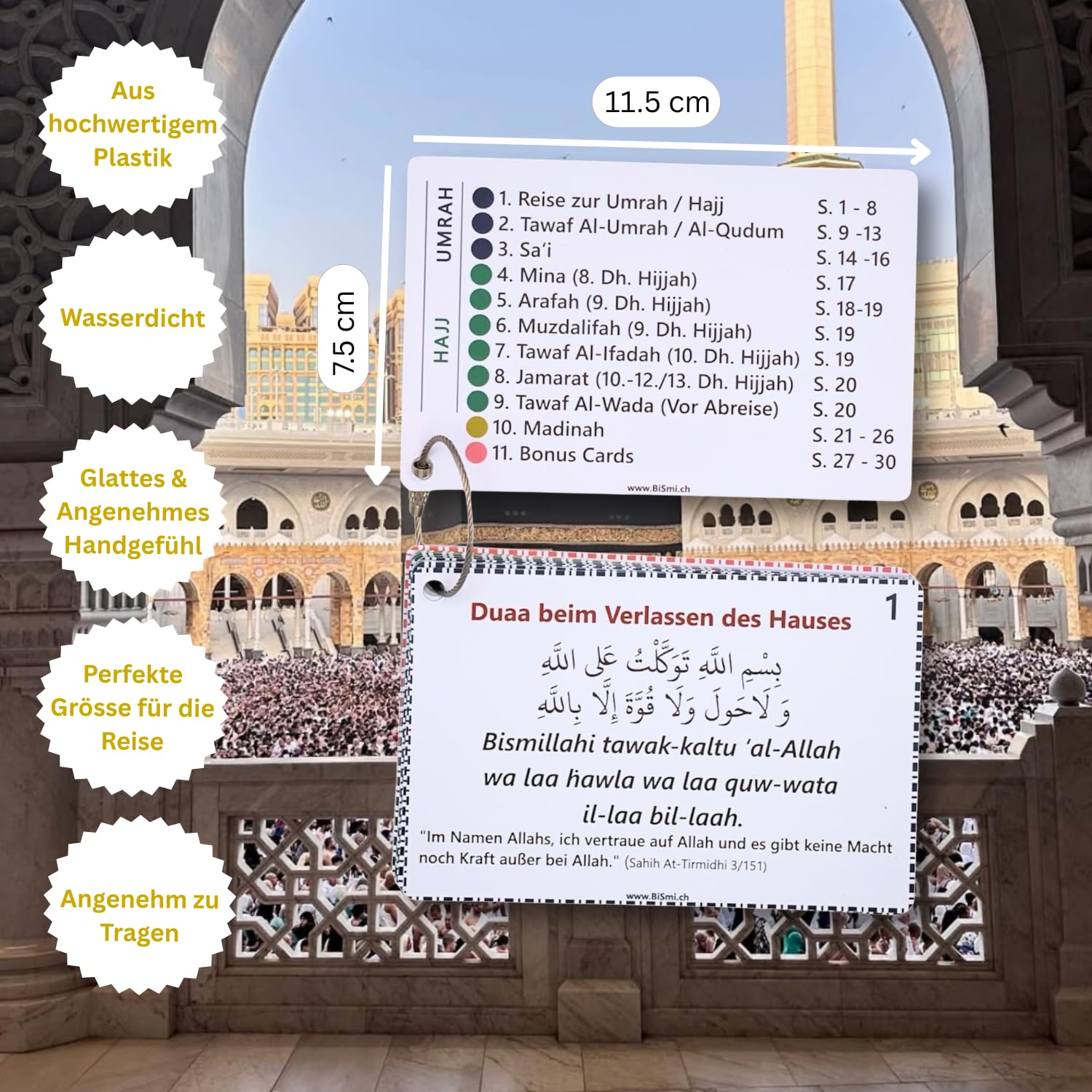 Bismillah and Hajj Duaa Cards & Guide per Hajj e Umrah con Supporto per Badge Argento