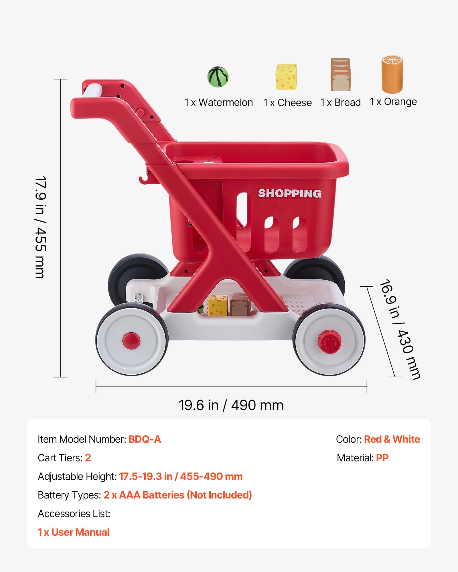 VEVOR Carrello della Spesa Giocattolo per Bambini, Carrello Supermercato Giocattolo, Scan e Sort con Alimenti Finti, Luci e Suoni, Altezza Regolabile, Gioco di Ruolo Supermercato per Bambini da 2 Anni