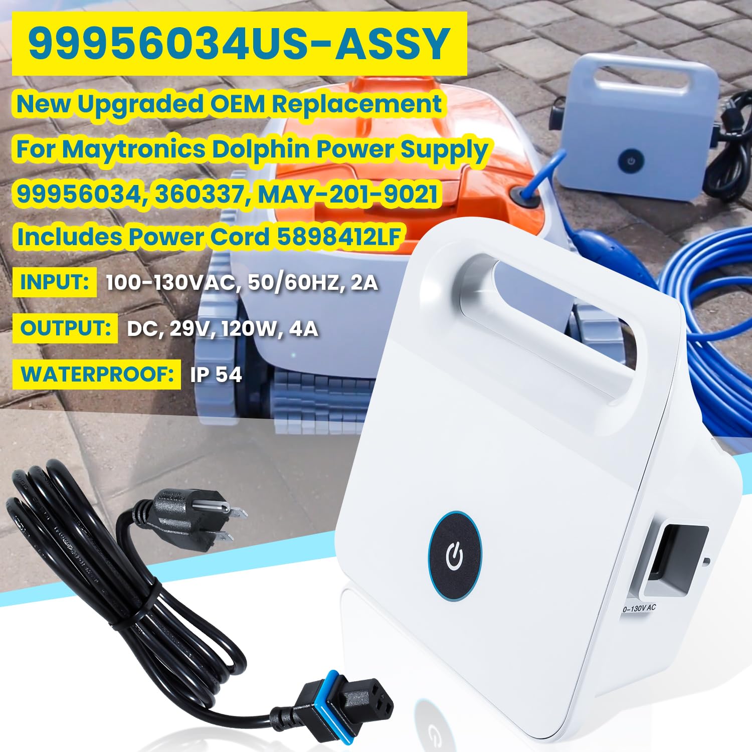 Condition photo showing New/Like New for 99956034 power supply for dolphin active 10,solo,cayman,echo,encore,escape,e10,e20,premium 10/20,s50,s100,saturn,t15,prowler 910 robotic pool cleaner 99956034us-assy with 5898412lf power cord