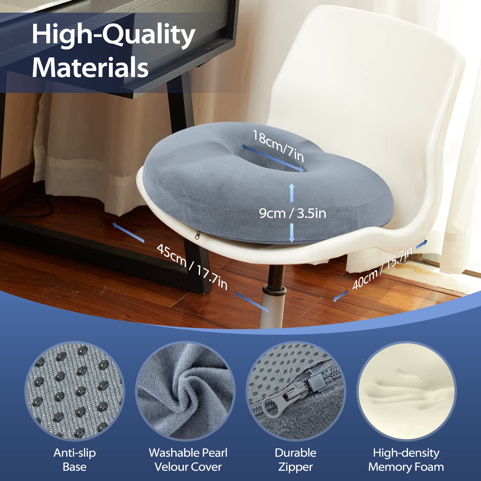 LITSPOT Cuscino per Sedile Ortopedico, Cuscino Ciambella Memory Foam, Ergonomico Cuscino per Emorroidi per Gravidanza, Coccige, Piaghe da Letto, Schiena, Sciatica, Grigio