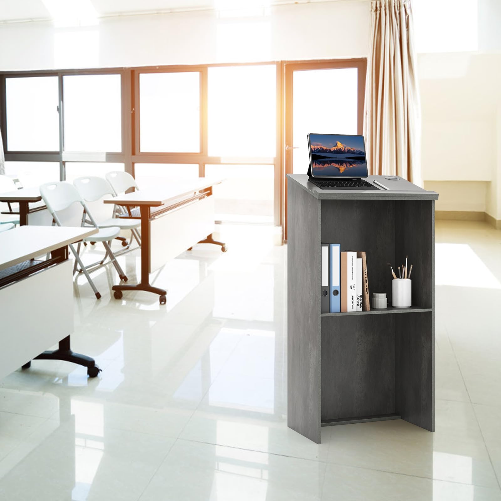 COSTWAY Stehpult, Rednerpult mit Ablagefläche und Kabeldurchführungen, Stehtisch für Klassenzimmer, Kirche, Büro, Restaurant, Seminar (Grau)