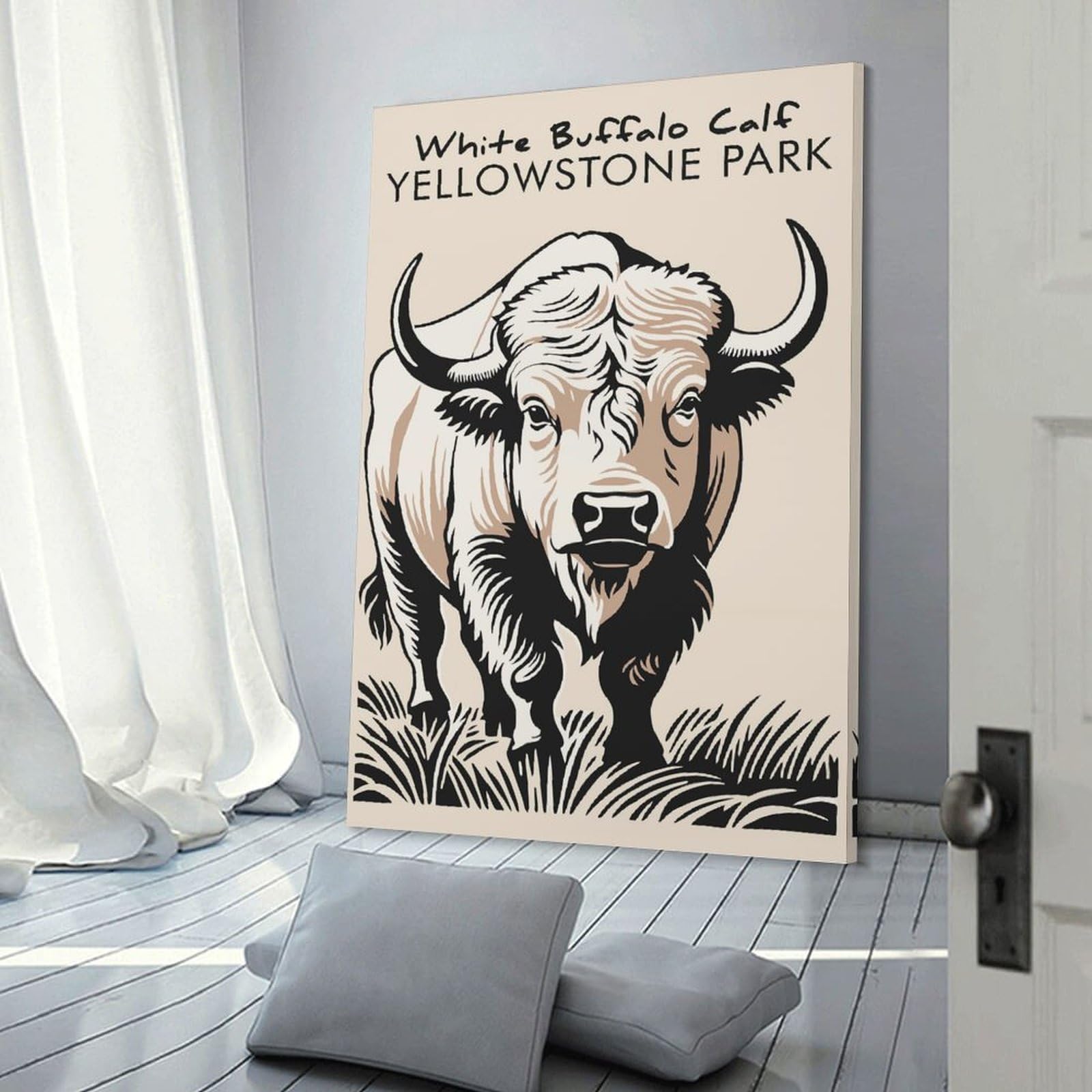 Junmoney Hanging Wall Art White Buffalo Calf, 24x36inch(60x90cm), for Contemporary Homes, Apartments Or Offices, Stylish Wall Art for Fresh Spaces