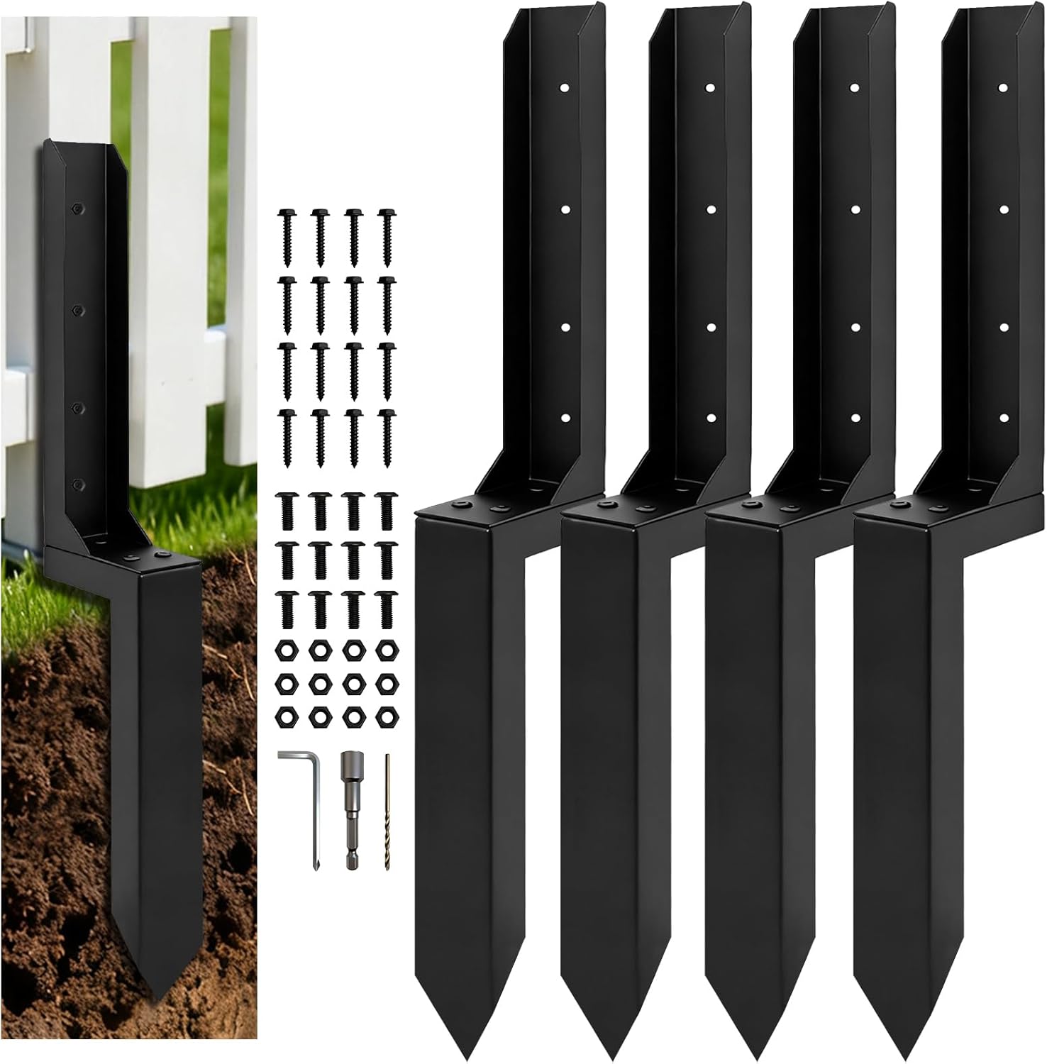 Heavy Duty Fence Post Anchor, Thickened Fence Post Repair Kit, Ground Stakes for Repair Tilted, Broken Wood Posts Support (4-Pack Black)