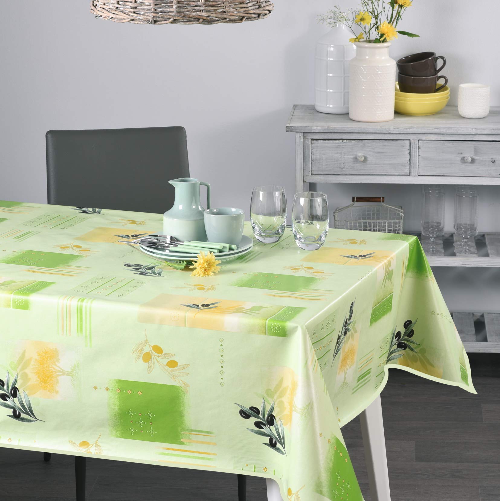 Venilia Nappe Vert Olive Linge de Table Toile cirée Maintenance réduite hydrophobes, Polyester, PVC, rectangulaire, 140 x 200 cm, 55052
