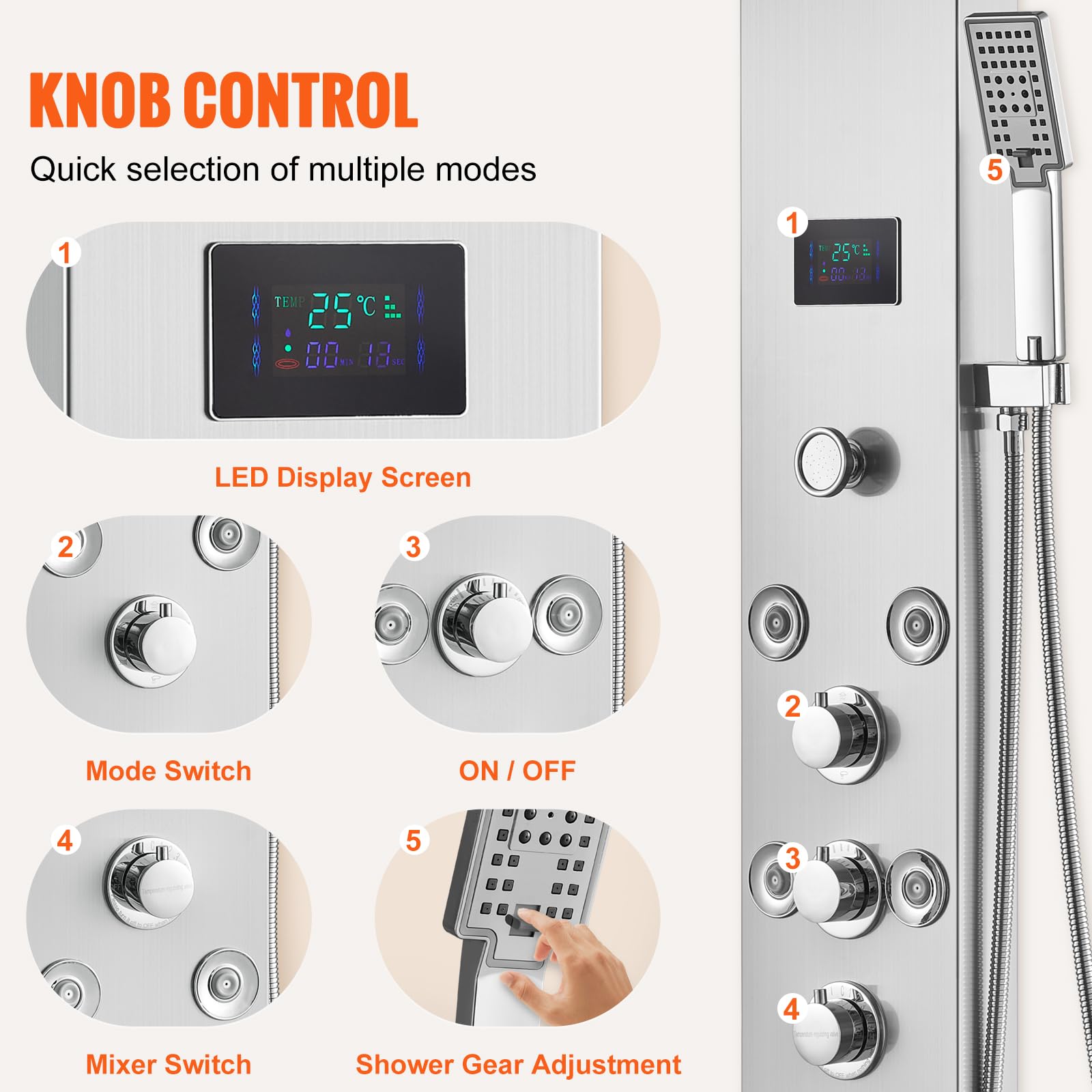 VEVOR Système de Panneau de Douche avec 6 Modes, Tour de Panneau de Douche Hydroélectrique LED Écran, Pluie, Cascade, 8 Jets de Massage, Bec de Baignoire et Pomme de Douche avec Tuyau, Salle de Bain