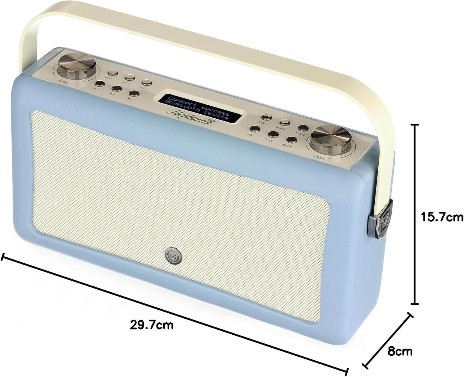 Dimensions of the VQ Hepburn Mk II radio: 29.7cm length, 8cm width, 15.7cm height.