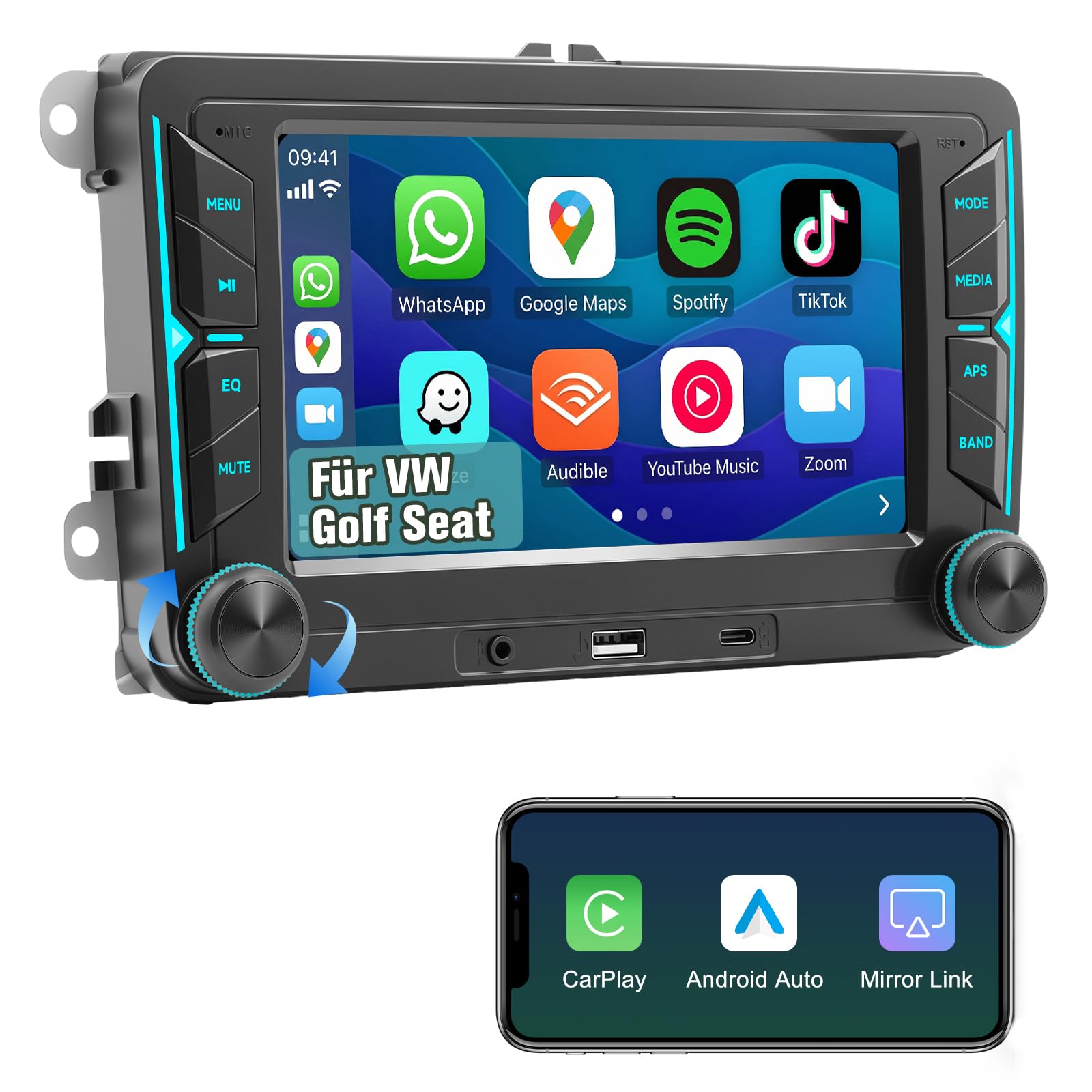 Radio de Coche para VW Golf 5 6 Passat Polo Tiguan Touran Caddy Skoda Seat 7 Pulgadas Pantalla Táctil Inalámbrico Carplay Radio con Android Auto Bluetooth Mirror Link FM Am RDS EQ USB Not Android