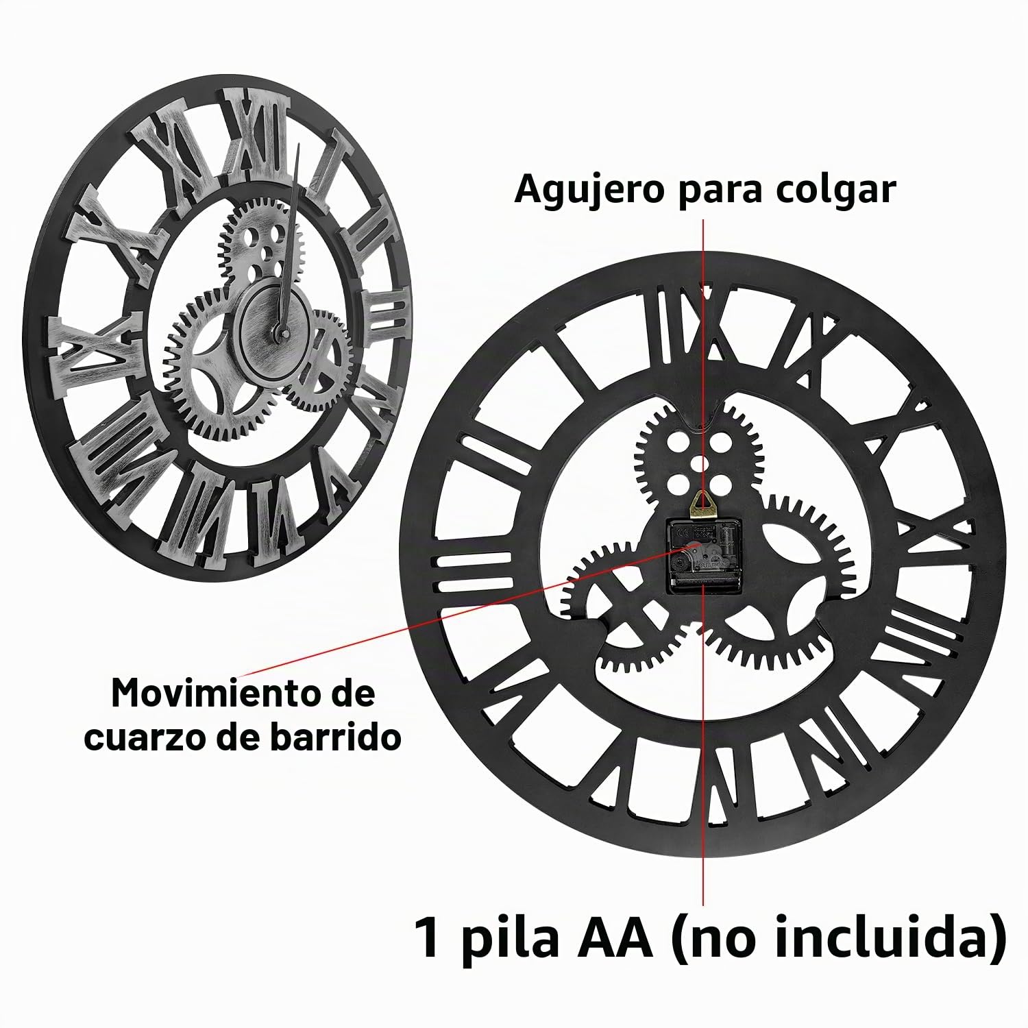 Reloj de Pared de Madera de Cuarzo con Números Romanos con Engranajes Vistos, Silencioso, no Hace tictac, para Sala de Estar, Dormitorio, Oficina, Cocina