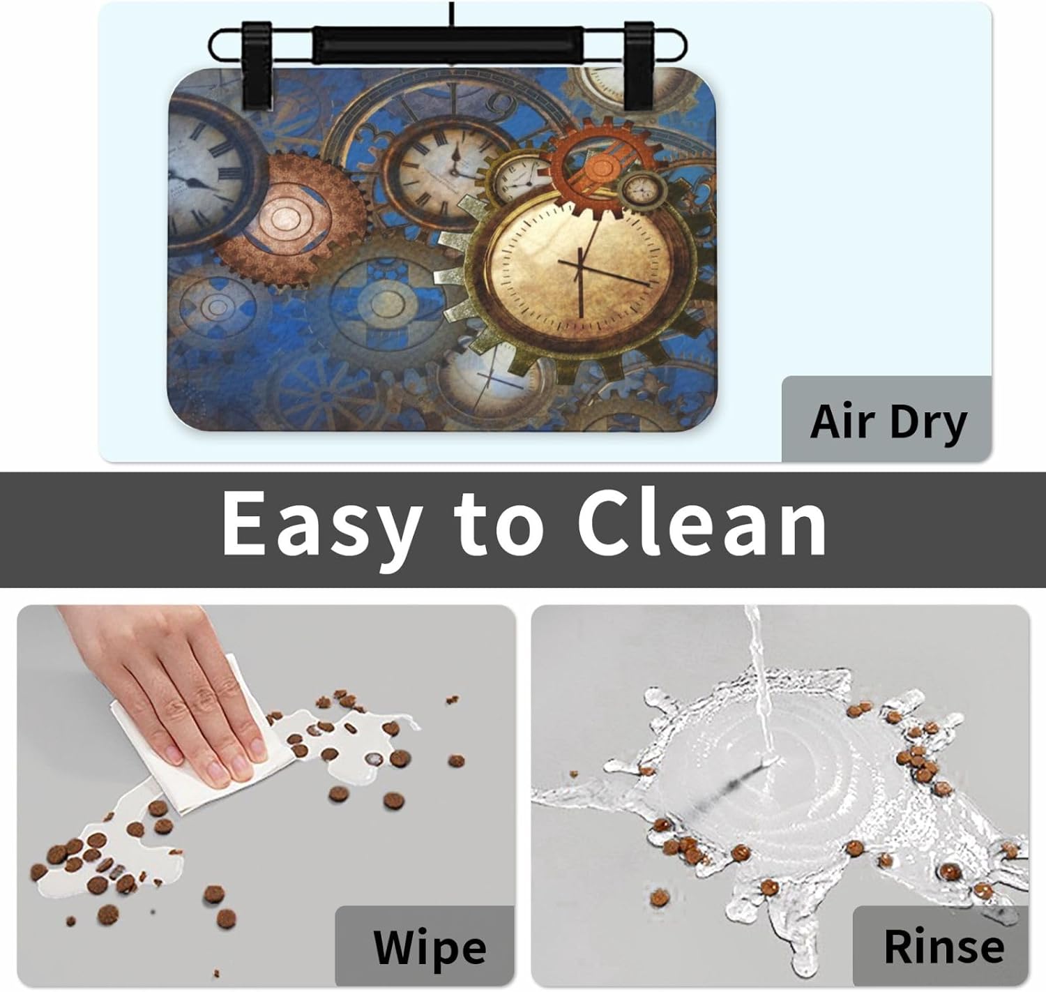 Steampunk Clocks and Gears Pet Feeding Mat-Absorbent Quick Dry Pet Cat Dog Food Mat Non Slip Waterproof Rubber Dish Placemat