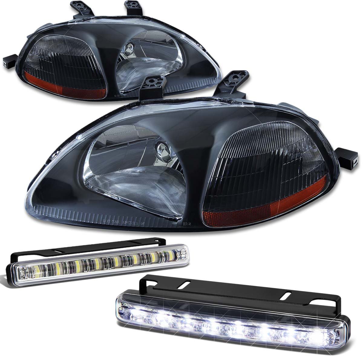 Auto Dynasty Compatible with Honda Civic EJ/EM/EK Black Housing Amber Corner Headlight+DRL 8 Chips Fog Light