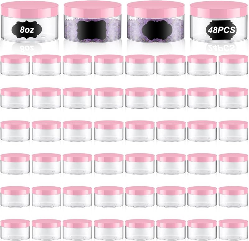 Uiifan Frascos Plásticos Transparentes de PET com Tampas Rosas, Pacote com 48 e 48 Etiquetas