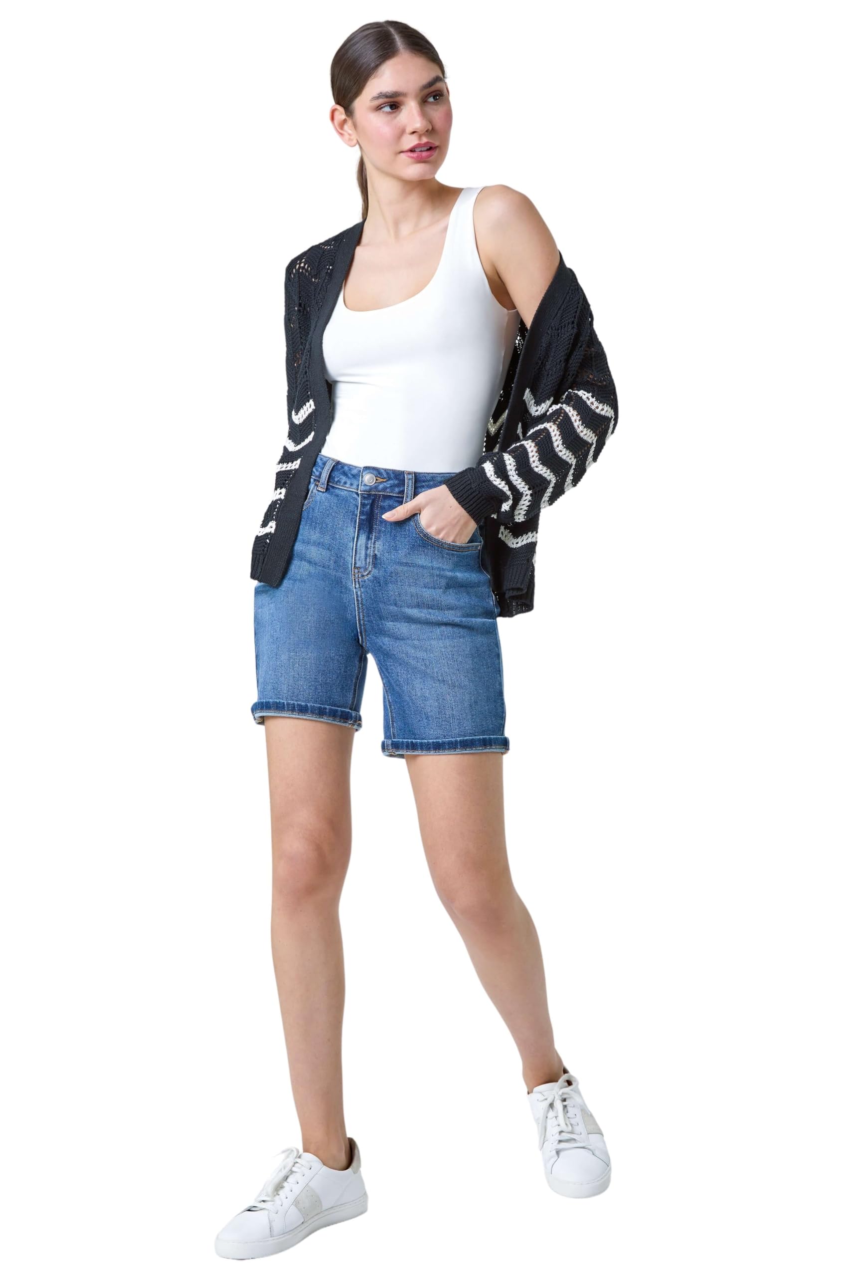 Roman Originals Women's Black Wave Pointelle Knit Cardigan For Uk - Everyday Holiday Spring Summer Comfy Soft Evening Vacation Work Party - Size 20