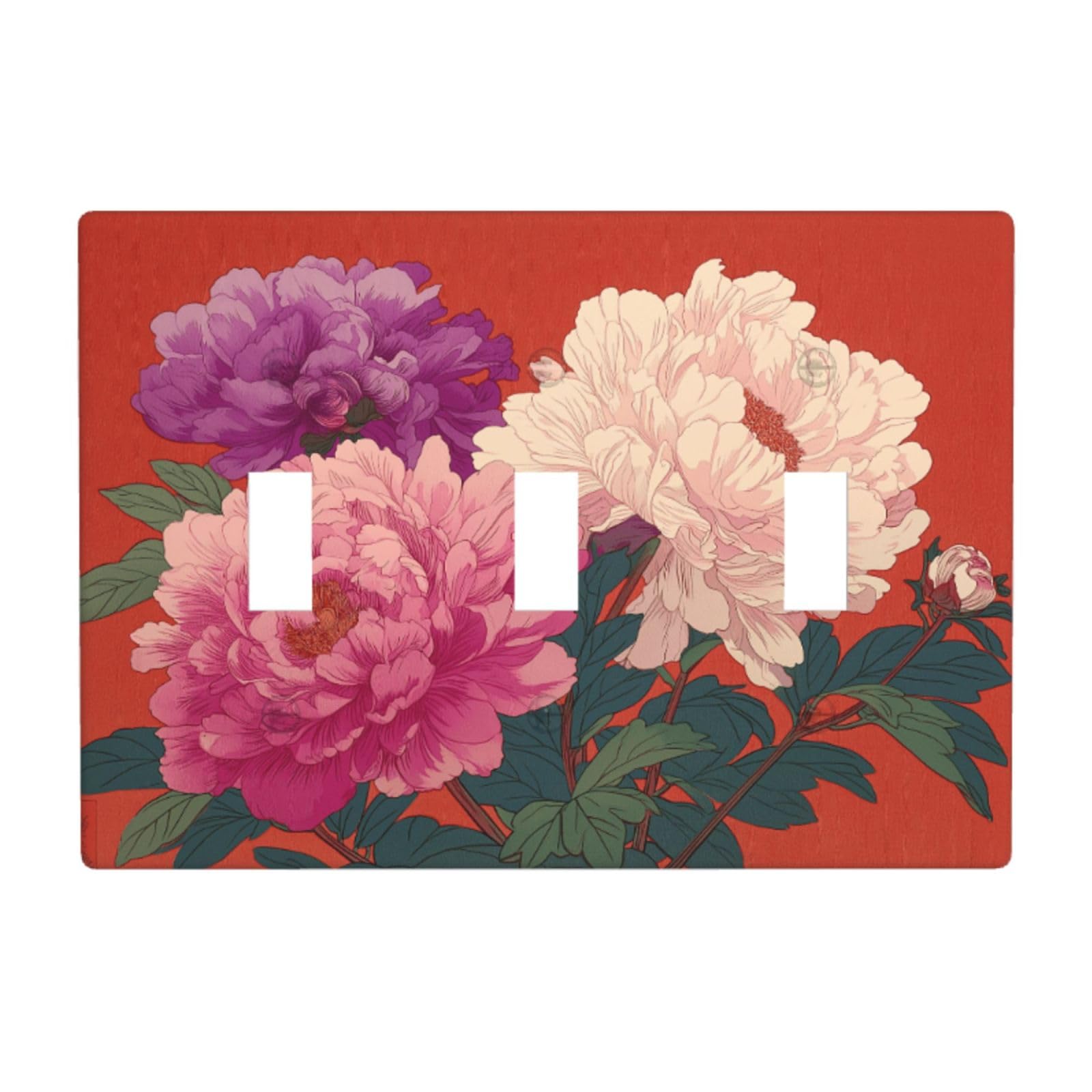Woshuwo White Three Pink And Purple Peonies Light Switch Covers 3 Gang Triple Toggle Wall Plate Switchplate Electrical Faceplate For Bathroom Kitchen Bedroom Decor