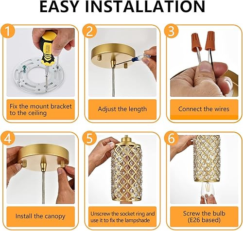Miniatura 6 de Niloah Luces colgantes doradas isla de cocina, 1 luz colgante de oro individual, luz colgante de cristal ajustable, iluminación colgante de isla de