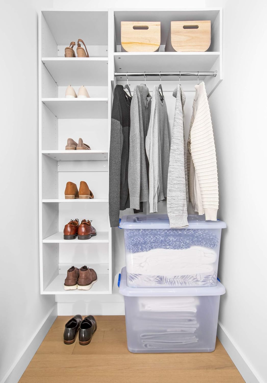 Storage Bins with Lids and Wheels - For Toys Shoes Tools Clothes Bedding Laundry Closet Garage Office Organization - Plastic Stackable Large Tote Box Containers - Semi Clear White, 95 Quart Set of 4