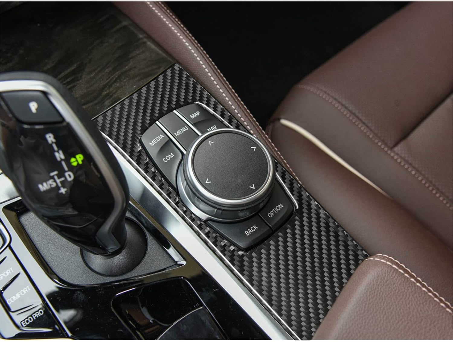 SUNJIKA Compatible with Carbon Fiber Multimedia Knob Button Panel Cover Trim Sticker Interior Accessories for BMW 5 Series G30 G38 525i 530i 540i 2018 2019 2020 2021 2022 2023 Black 1PCS