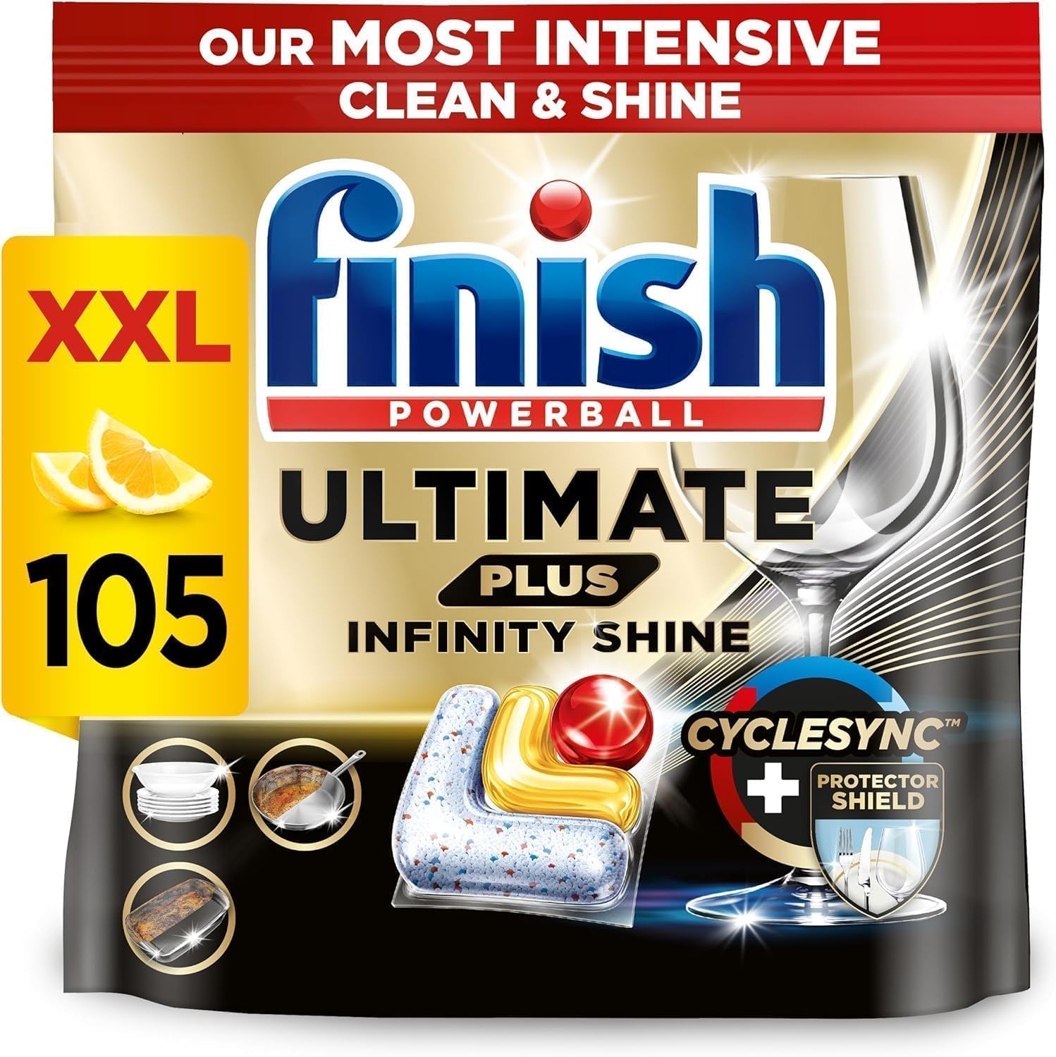 FinishDishwasher Tablet, Ultimate Plus Infinity Shine, 105 Detergent Tablets, Lemon Sparkle, Tough on Grease, For our Most Intensive Clean & Diamond Shine, Effective for Short Eco CycleCradle to Cradle CertifiedCradle to Cradle CertifiedCradle to Cradle Certified