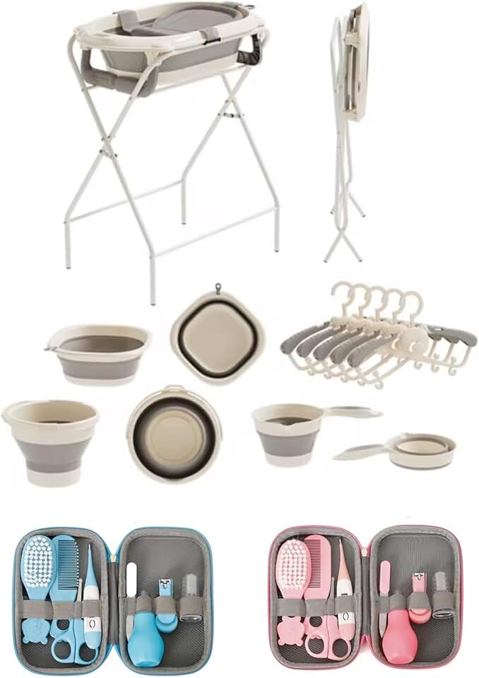Baby Badewanne mit Gestell, Thermometer und Pflegezubehör, Aufsatz für Neugeborene, Tragbare Badewan