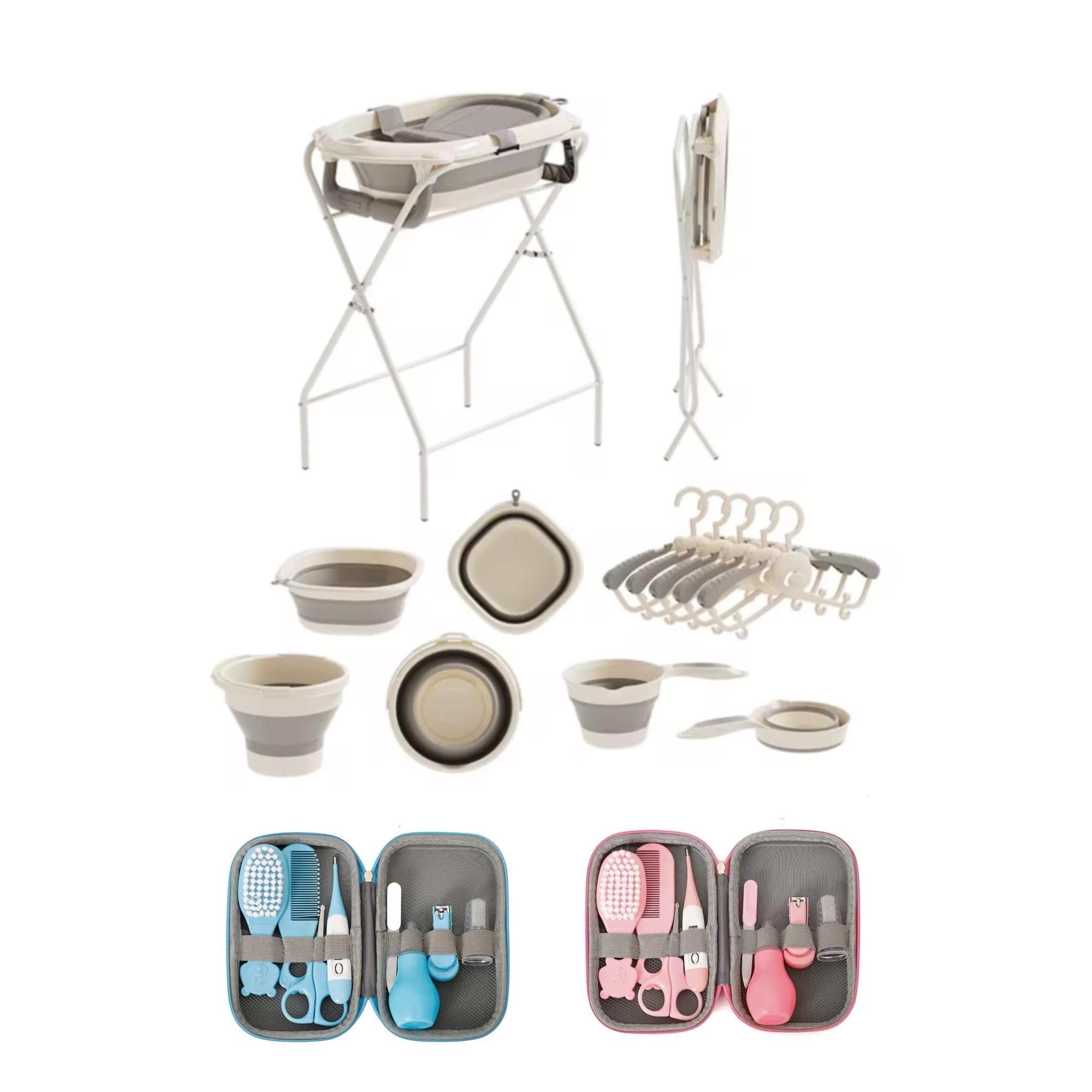 Baby Badewanne mit Gestell, Thermometer und Pflegezubehör, Aufsatz für Neugeborene, Tragbare Badewanne sowie 8-tlg Neugeborenen Pflegeset in Blau oder Rosa