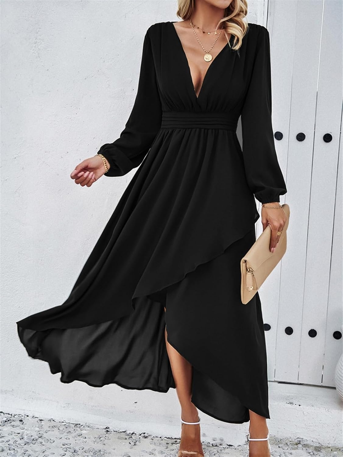 Casual Dress for Women 2024 Womens Autumn Dress With Waist Cinched Long Skirt and Large Hem Skirt(Black,Small)