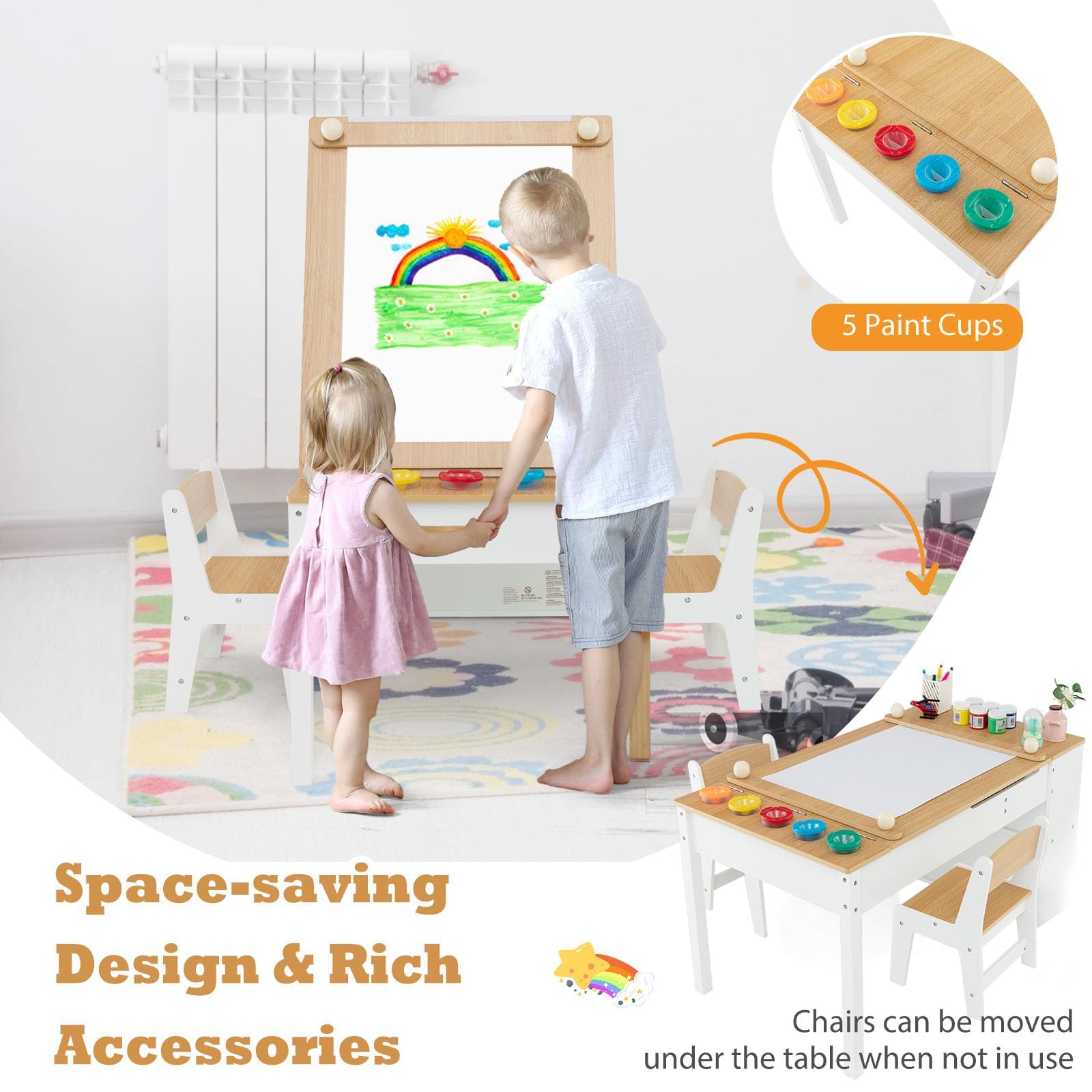 LIFEZEAL Tavolino Bambini, 3 Pezzi in Legno, Tavolo per Bambini con Sedie, Tavolo Artistico, con Piano Sollevabile, Rullo di Carta, Vaschette per Vernici e 6 Contenitori, per Bimbi 3 Anni + (colorate)