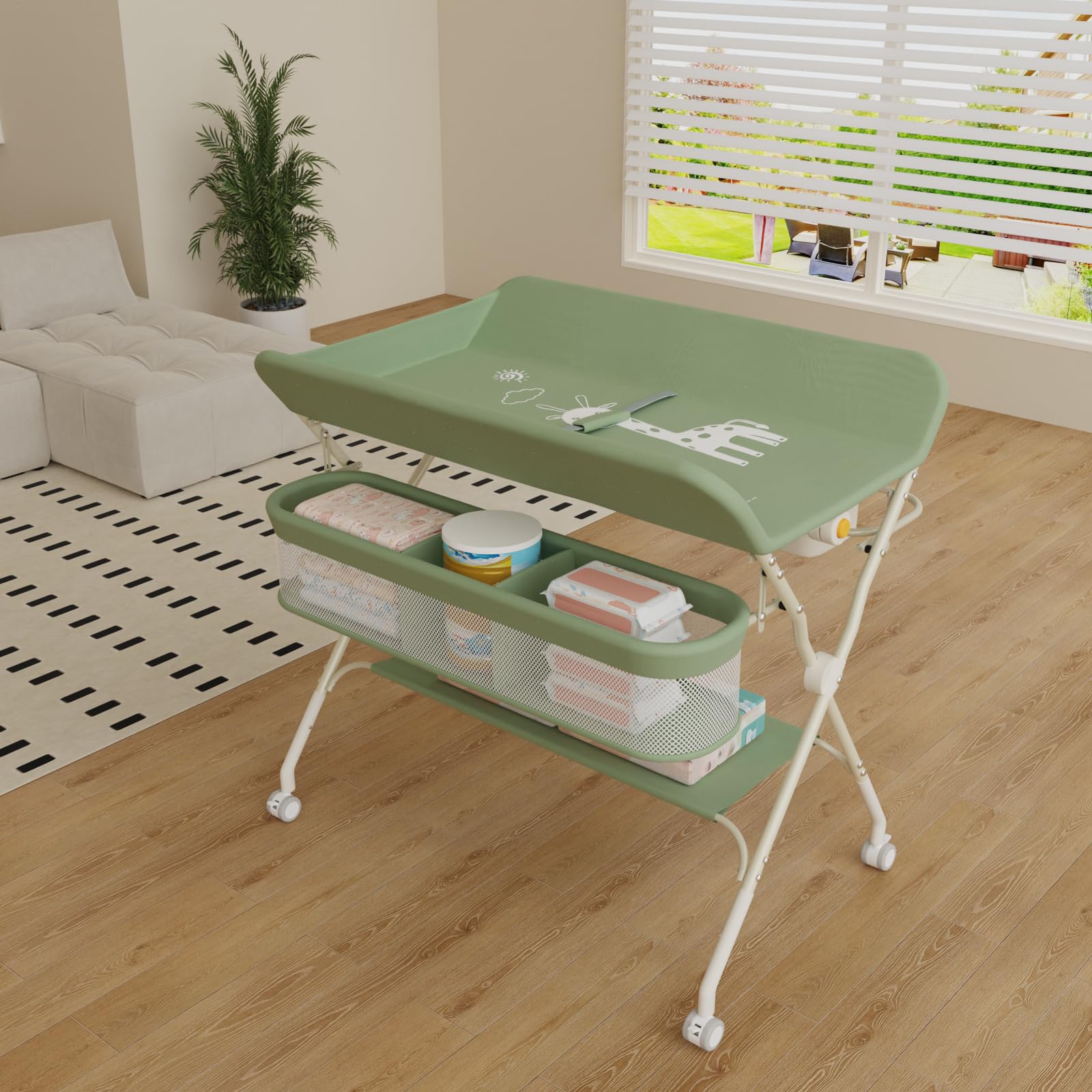 Wickeltisch mit Rollen, faltbar, tragbare Wickelunterlage, 5 verstellbare Ebenen, Aufbewahrungskorb zum Aufhängen für Neugeborene, für Kinderzimmer, 75 x 68 x 83 – 91 cm (A), Grün