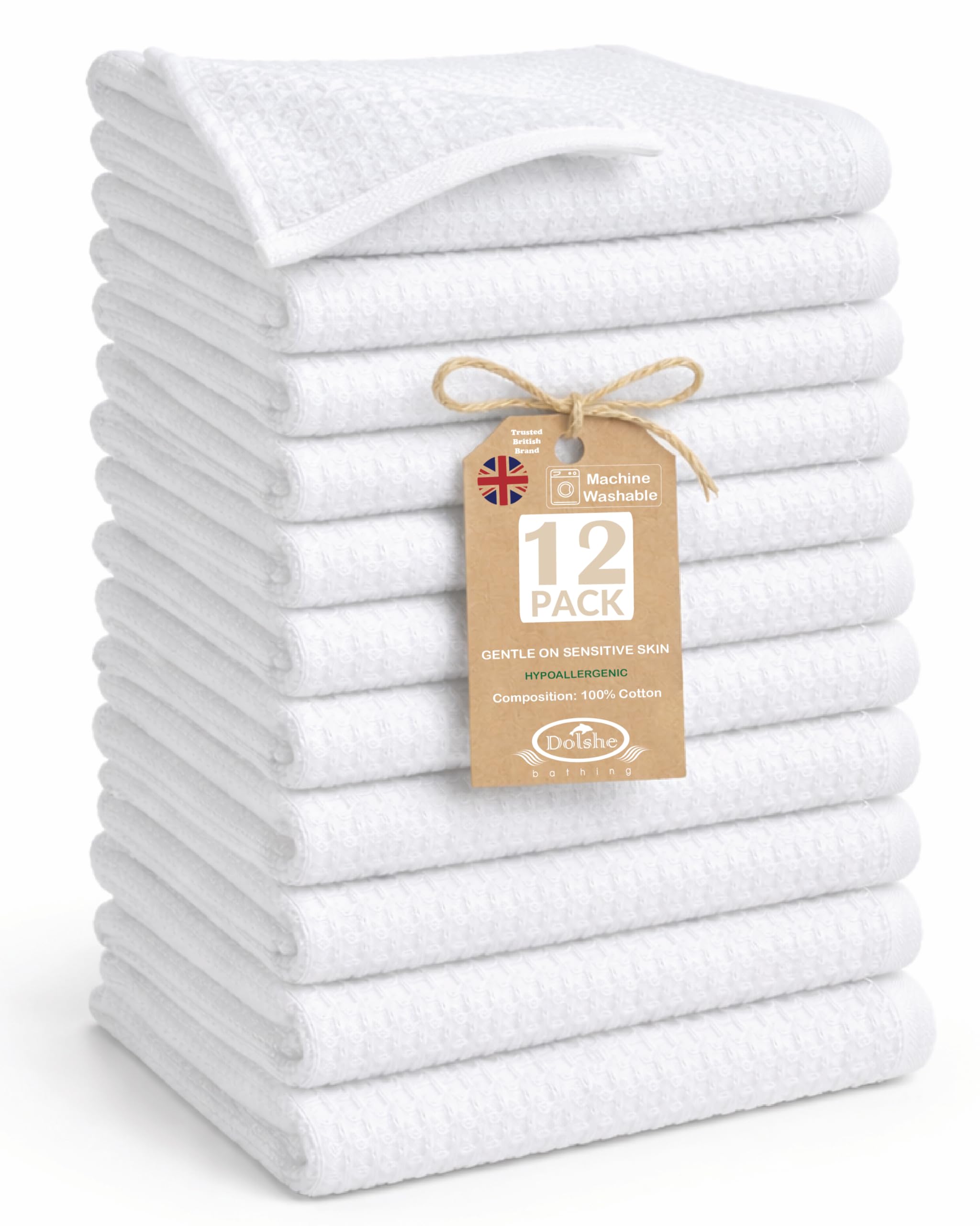Dolshe 12 Pack White 100% Cotton Waffle & Terry Face Cloths 30 x 30 cm 420 GSM – Soft RingSpun Reversible Wash Cloths for Sensitive Skin Quick Dry Highly Absorbent — image 1