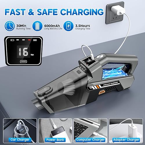 Miniatura 6 de EYYA Aspiradora de mano inalámbrica, potente succión de 16 KPA, aspiradora de mano para eliminar el polvo, recargable, pantalla HD y 3 luces LED,