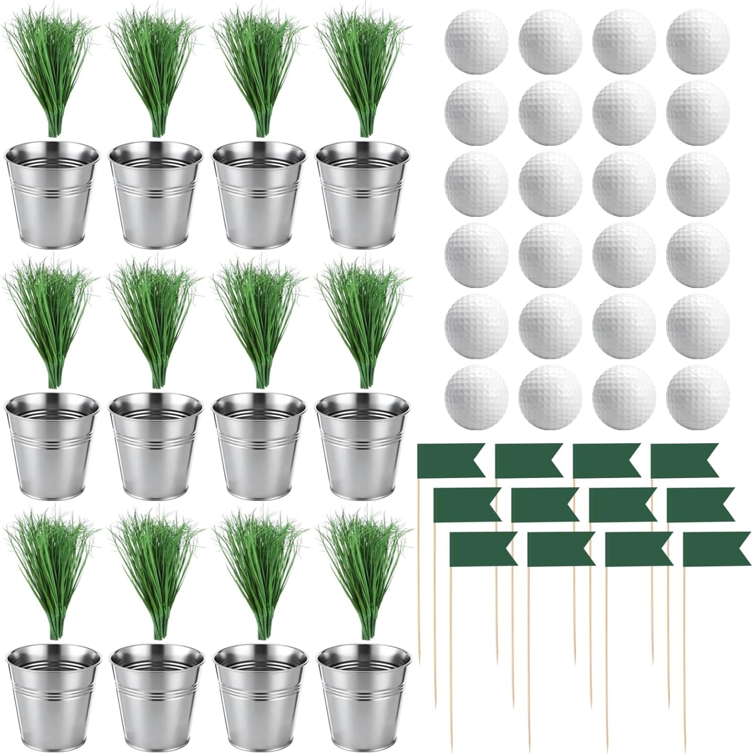 12 Sets Golf Party Decoration with Silver Buckets, Flags, Golf Balls, Artificial Turf, Golf Centerpieces Table Golf for Birthday Party Decor, Mini Golf Theme Party Favors