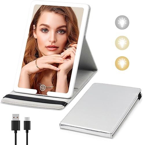 Espejo de viaje con luz, cubierta de piel sintética, espejo de maquillaje con luces LED, batería recargable de 1500 mAh, 3 modos de luz de color,
