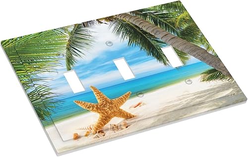 Vista 99 de Cubiertas decorativas de salida de estrella de mar playera, tablero de madera azul de concha de mar de 1 banda, decoración individual GFCI, placa