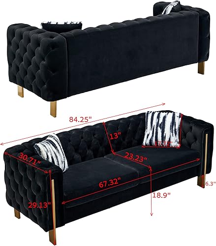 Miniatura 3 de Dolonm Sofá moderno de terciopelo para sala de estar, sofá tapizado de 84 pulgadas de largo con 2 almohadas, brazo alto y patas de metal, muebles