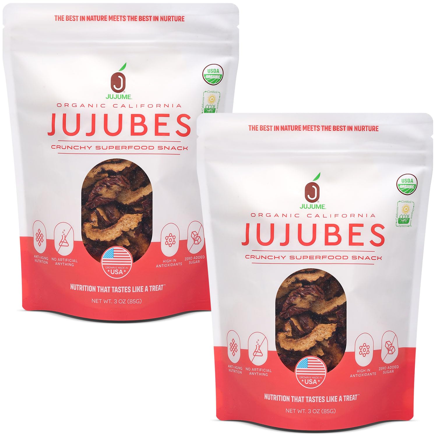 USDA Organic California Grown Pure Jujube Product | JUJUME Crisps | Sweet Jujube Chips | ZERO Added Sugar or Preservatives | All-Natural Healthy Snack | 2-pack 3oz bags