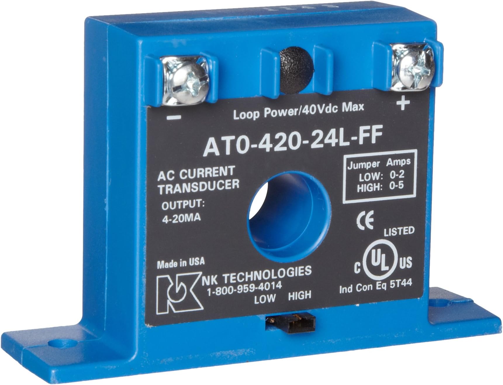 NK Technologies AT0-420-24L-FF AC Current Transducer, Solid-core, Front Term, 4-20mA Output Range, 0-2 & 0-5A Input Range, 12-40VDC Power Supply