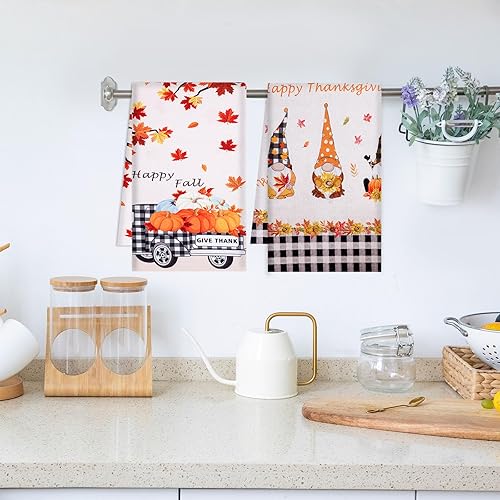 Miniatura 6 de hoyuwak Decoraciones de otoño para el hogar, 4 toallas de cocina de otoño, toallas de mano de calabaza, gnomos de arce, juego de toallas de cocina