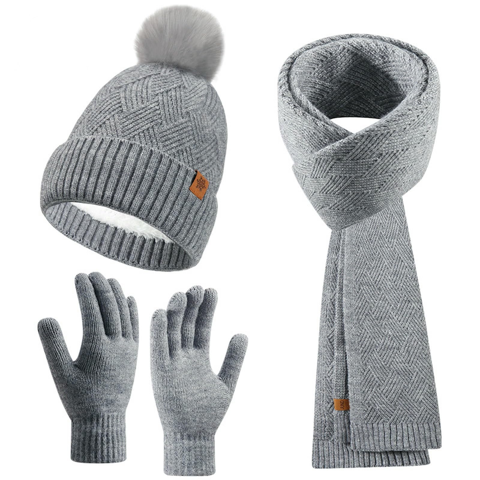 Set Cappello Sciarpa Guanti Invernali Cappello, E Lavorati A Maglia Autunno Inverno, Calda Lana Doppio Strato per Esterni-Completo Tre Pezzi Grigio Melange