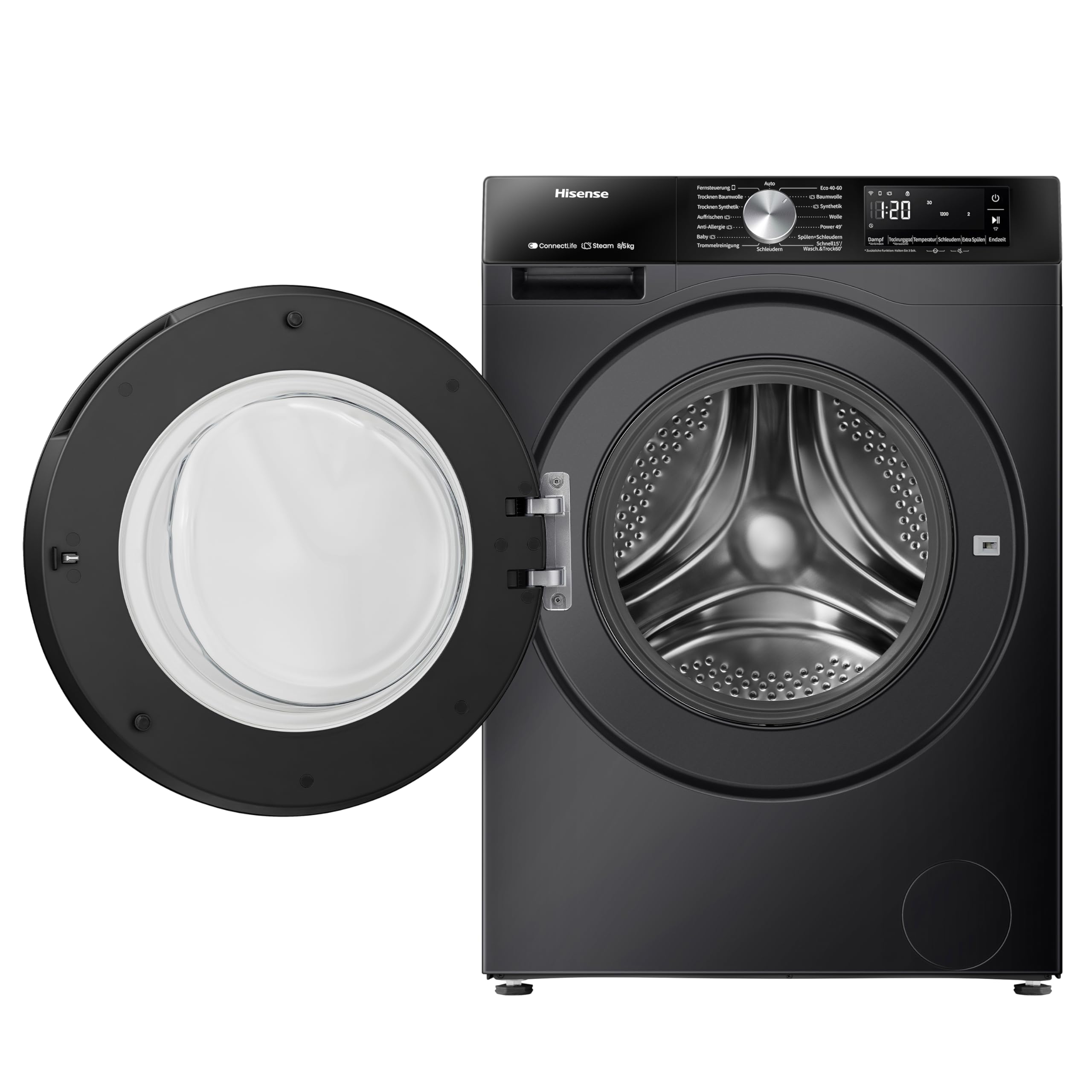 Hinsense WD3S8043BB3 Waschtrockner 8 kg 1400 U/min Dampffunktion JetWash Anti-Allergie Schwarz