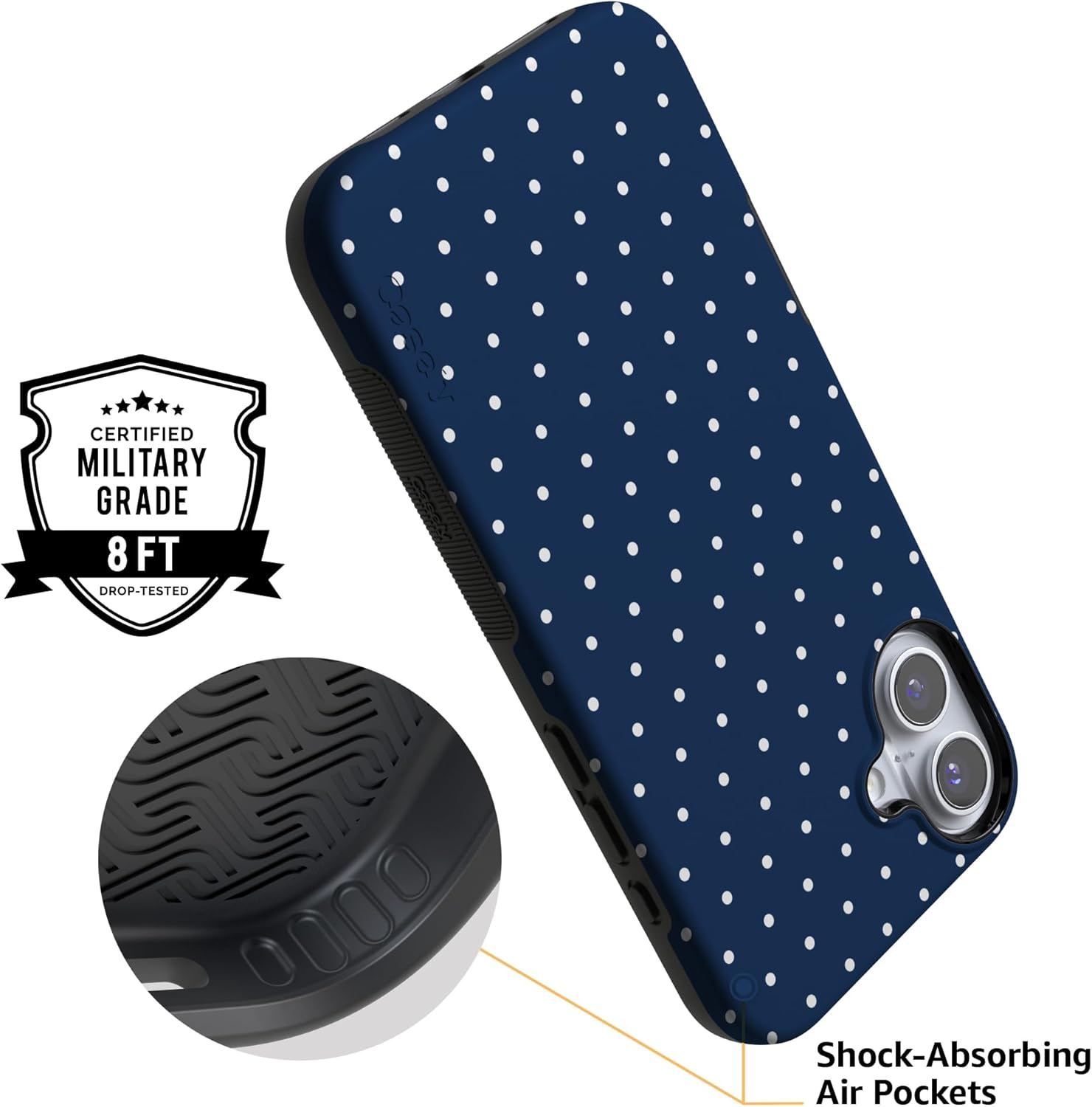 Casely iPhone 16 Case | On the Dot | Navy Polka Dot | Bold Protective Design | Compatible with MagSafe