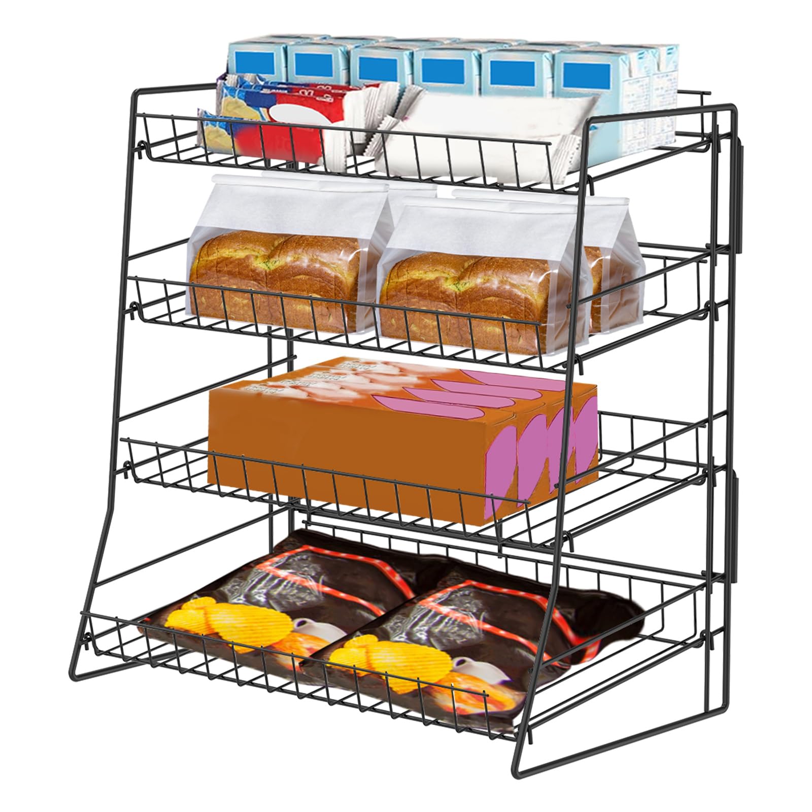 Ghshanog Black 4 Tier Candy Display Rack, Metal Snack Rack Display Stand, Countertop Organiser Shelf For Fruit,Vegetable, Portable Snack Shelf Bread Bin For Retail Stores Kitchen Office