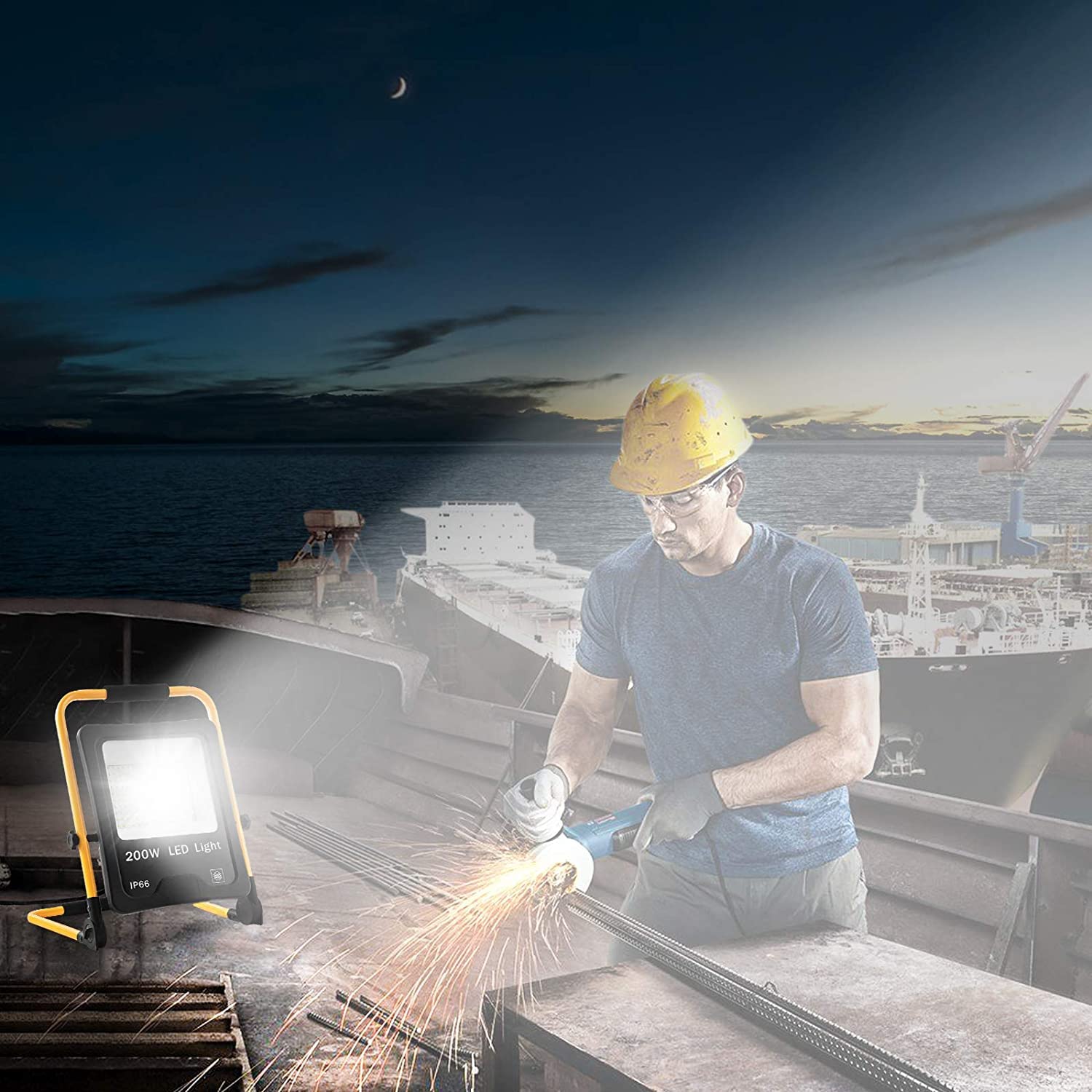 UISEBRT LED Projecteur de chantier 200W avec support et câble d'alimentation - Projecteur de travail à LED étanche IP66 pour l'intérieur et l'extérieur, Blanc Froid