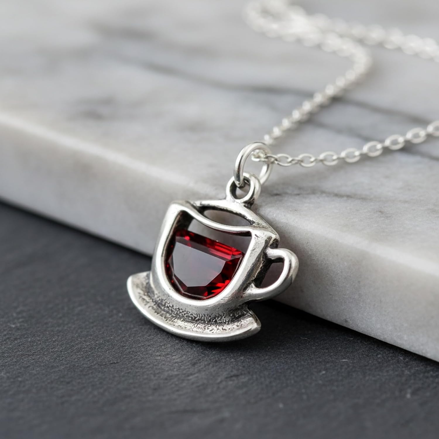 Coffee Cup Teacup Charm Necklace for Women, Sterling Silver Dainty Handmade Necklace with Red Cubic Zirconia CZ, Coffee Lover Barista Caffeine Pendant, Everyday Minimal Layering Jewelry, 18" - Image 4