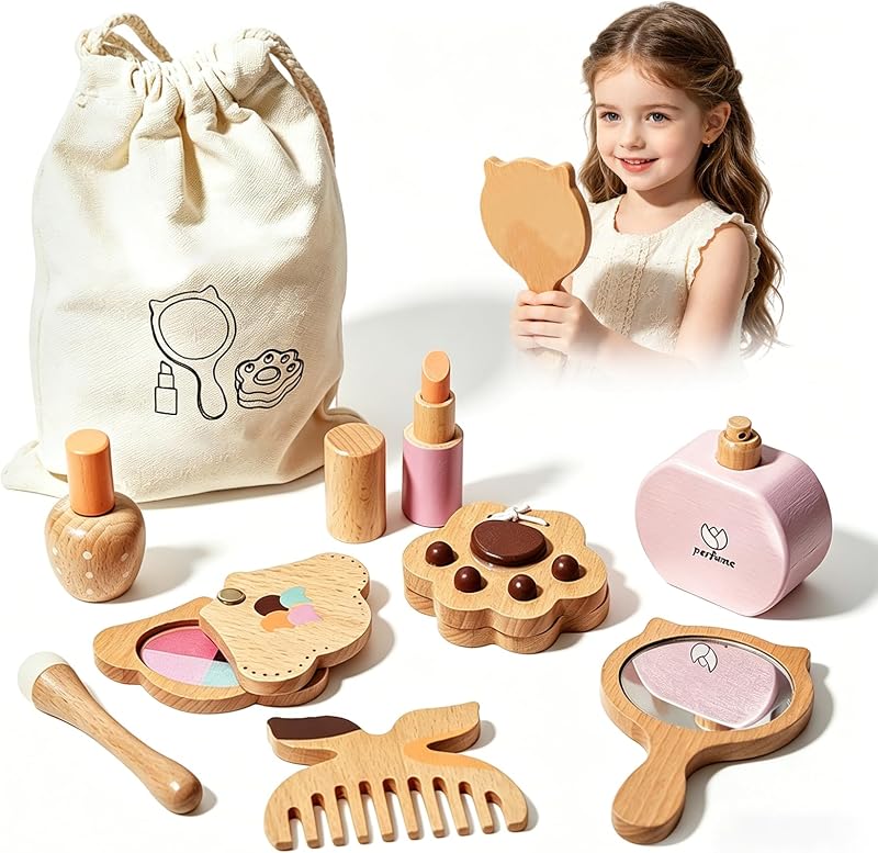 Wooden Pretend Makeup Kit Toy Set for Girls with Animal Cosmetics | Mirror, lipstick, brushes, canvas bag, animal shapes, ages 3-6, pretend play, gift-ready