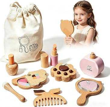 Brownroot Wooden Pretend Makeup Kit Toy Set for Girls with Animal Cosmetics | Mirror, lipstick, brushes, canvas bag, animal shapes, ages 3-6, pretend play, gift-ready