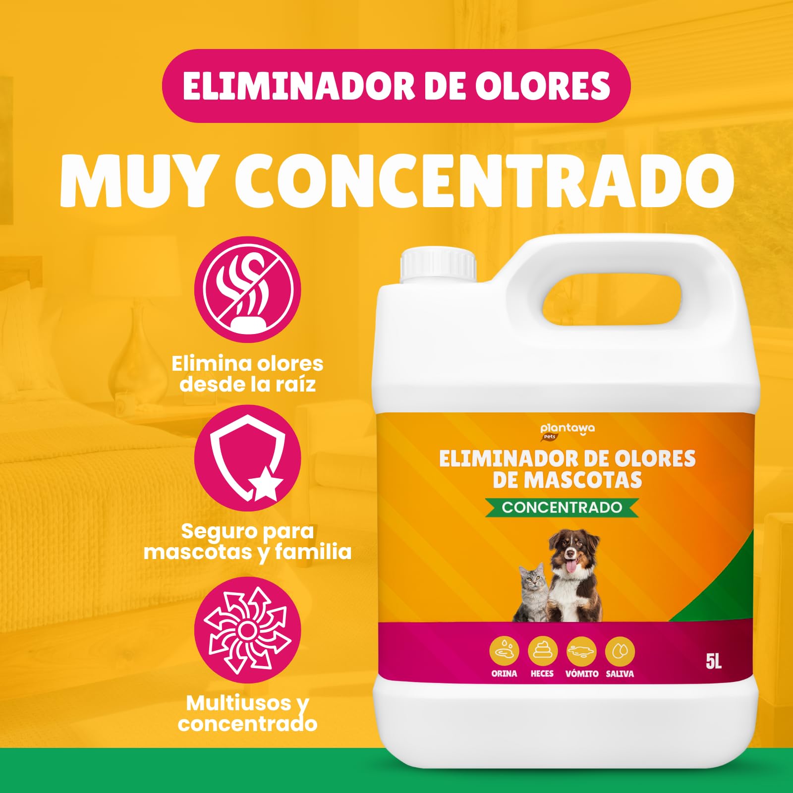 PLANTAWA Eliminador de Olores de Mascotas Concentrado 5L | Limpiador enzimático para orina perros y gatos | Neutralizador de olores hogar, alfombras, sofás y coche | Fórmula eficaz y segura