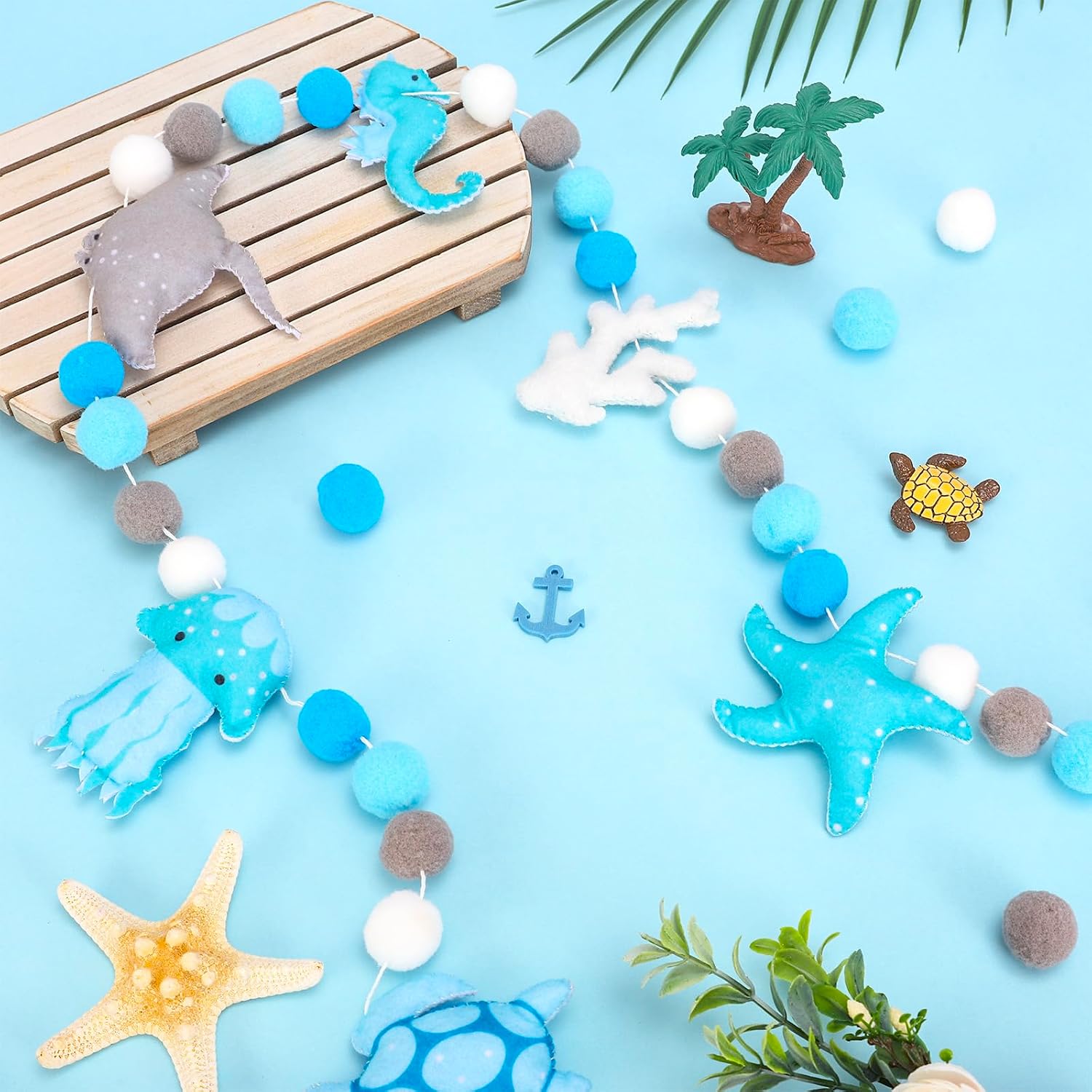AnyDesign Ocean Animal Felt Banner Hanging Garland 3D Blue Sea Animal Pom Ball Pre-Strung Banner Ornament for Summer Holiday Birthday Party Home Classroom Decor, 8.2 Ft